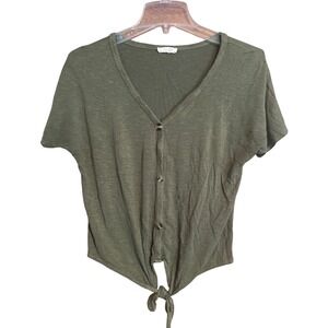 Olivia Rae Button Front Tie Hem Top Womens Small Olive Green